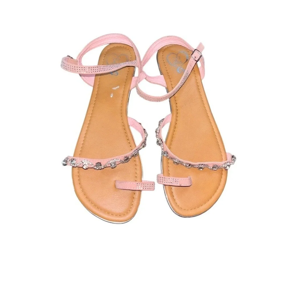 Women's  Dress Sandals Size 10 Pink Rhinestone Ankle Strap Flat Buckle